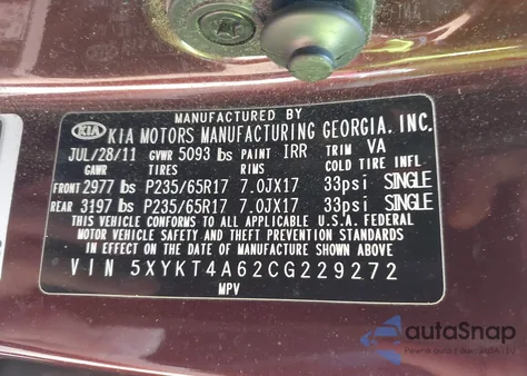 2012 Kia Sorento Lx z USA, uszkodzony, nr VIN 5XYKT4A62CG229272